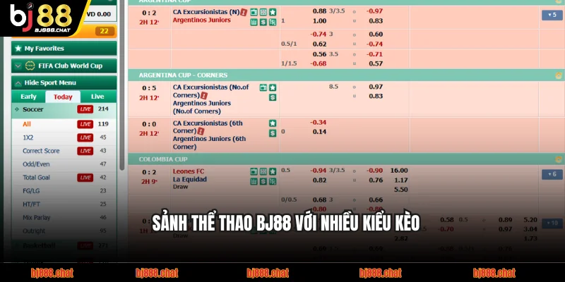 Sảnh thể thao BJ88 với nhiều kiểu kèo